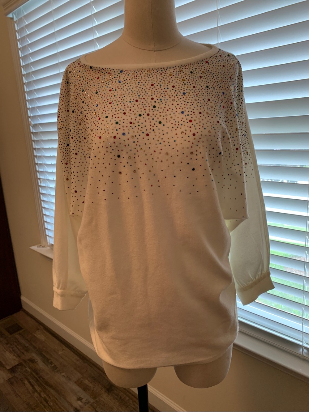 Liquid by Siomi White Jeweled Rounded Neck Top with Multicolor Rhinestones.